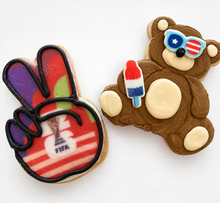 Cookies: peace sign and patriotic bear.