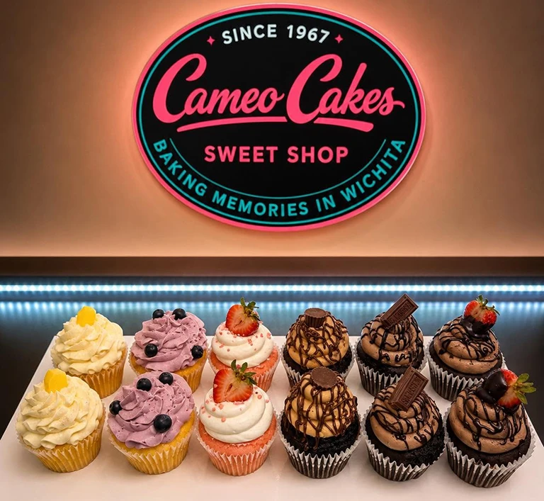 Cupcakes assortment in front of bakery sign.